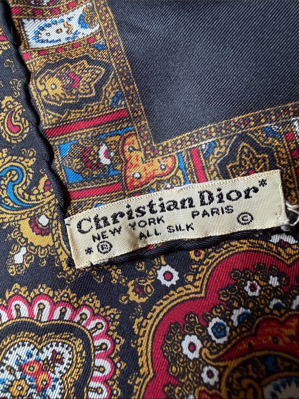 Dior Black Silk Scarf with Gold, Red & Blue Paisley Border